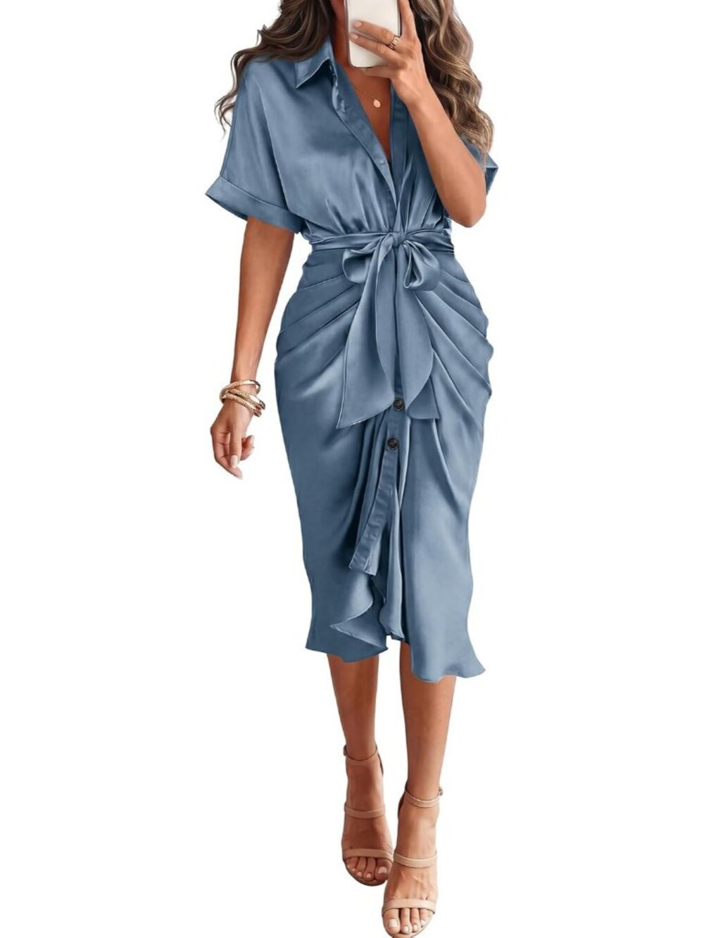 Women's Grey Blue Short Sleeve Button Down Tie Waist Silk Satin Maxi Dresses